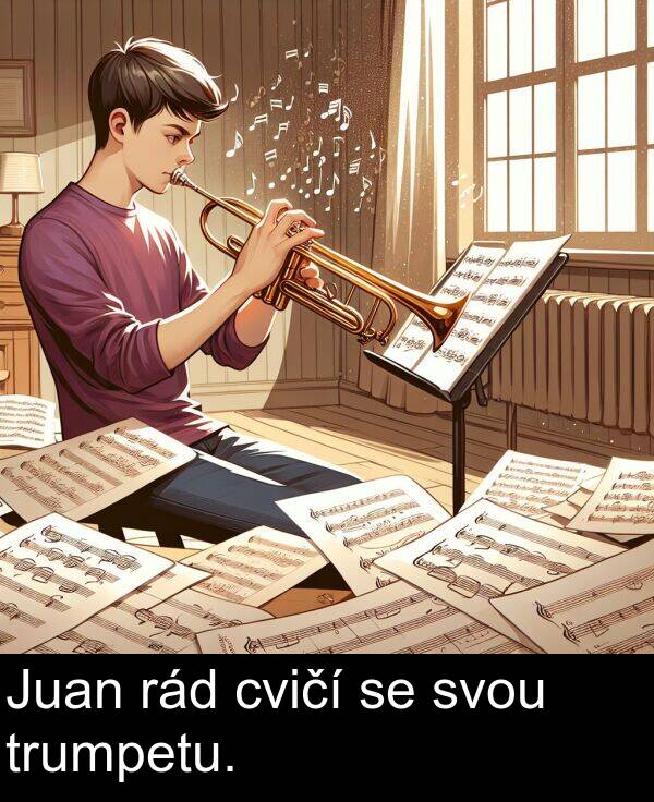 cvičí: Juan rád cvičí se svou trumpetu.