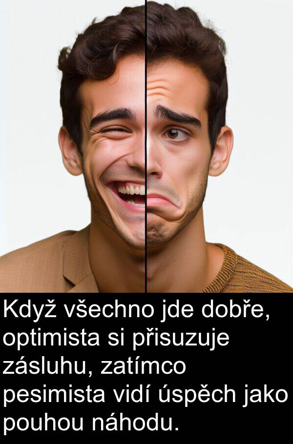 pesimista: Když všechno jde dobře, optimista si přisuzuje zásluhu, zatímco pesimista vidí úspěch jako pouhou náhodu.