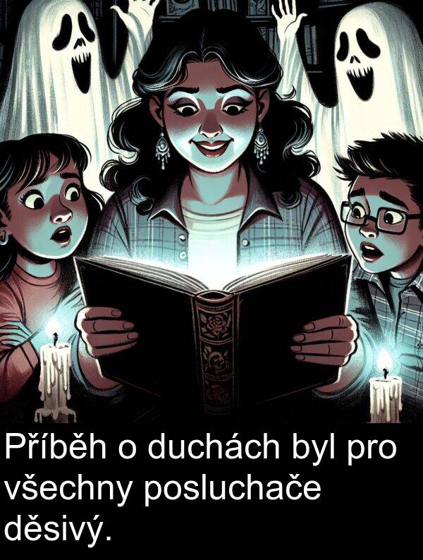 děsivý: Příběh o duchách byl pro všechny posluchače děsivý.