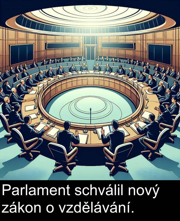 schválil: Parlament schválil nový zákon o vzdělávání.