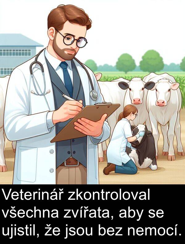 všechna: Veterinář zkontroloval všechna zvířata, aby se ujistil, že jsou bez nemocí.