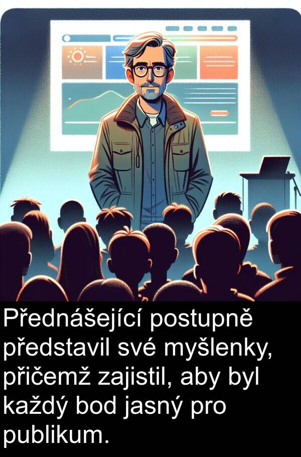 každý: Přednášející postupně představil své myšlenky, přičemž zajistil, aby byl každý bod jasný pro publikum.