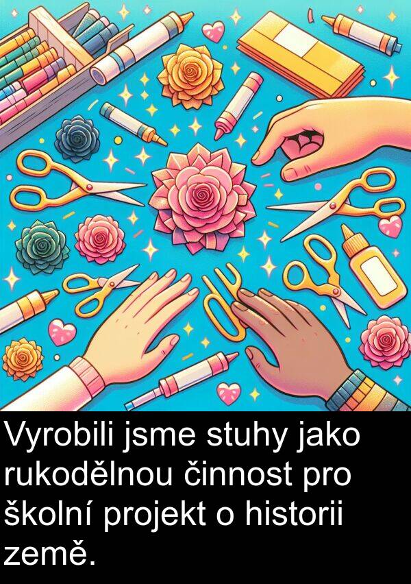 školní: Vyrobili jsme stuhy jako rukodělnou činnost pro školní projekt o historii země.