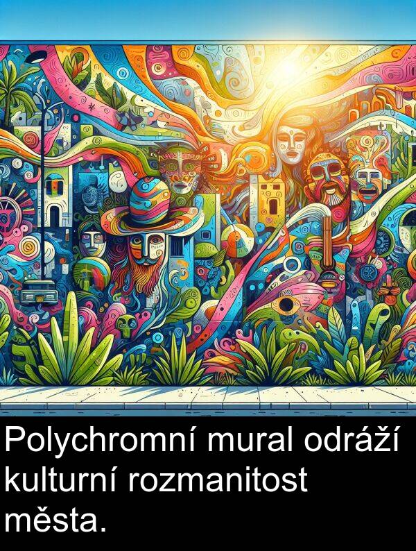 města: Polychromní mural odráží kulturní rozmanitost města.