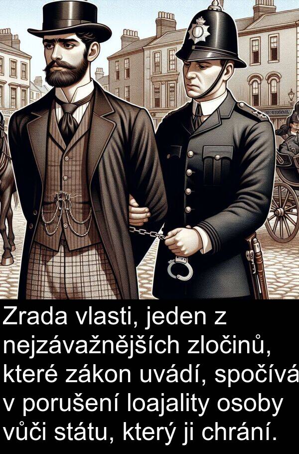 jeden: Zrada vlasti, jeden z nejzávažnějších zločinů, které zákon uvádí, spočívá v porušení loajality osoby vůči státu, který ji chrání.