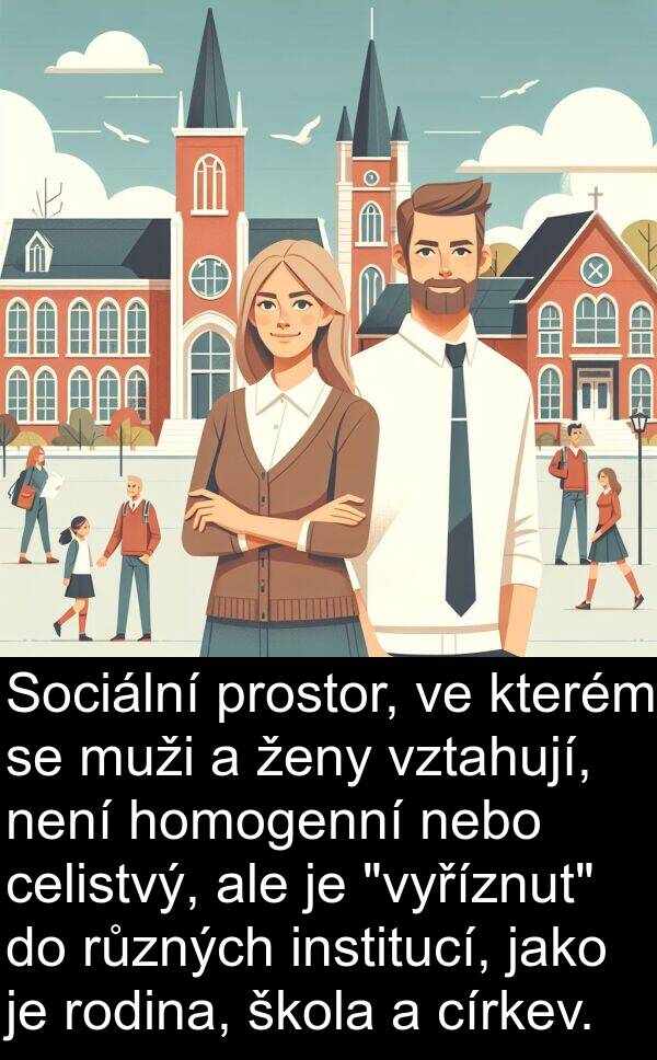 škola: Sociální prostor, ve kterém se muži a ženy vztahují, není homogenní nebo celistvý, ale je "vyříznut" do různých institucí, jako je rodina, škola a církev.