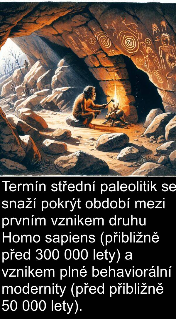 lety: Termín střední paleolitik se snaží pokrýt období mezi prvním vznikem druhu Homo sapiens (přibližně před 300 000 lety) a vznikem plné behaviorální modernity (před přibližně 50 000 lety).