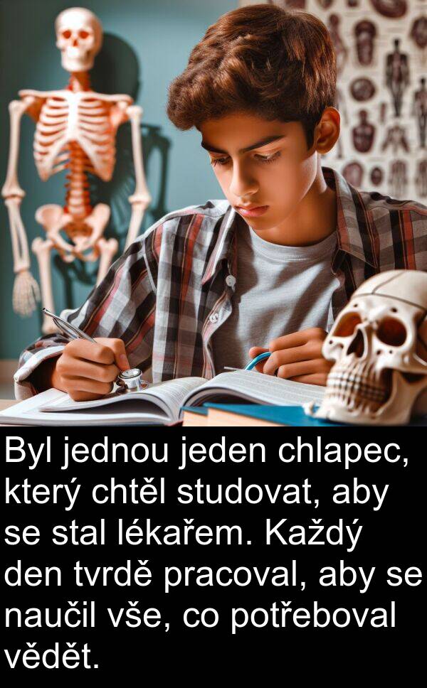 lékařem: Byl jednou jeden chlapec, který chtěl studovat, aby se stal lékařem. Každý den tvrdě pracoval, aby se naučil vše, co potřeboval vědět.