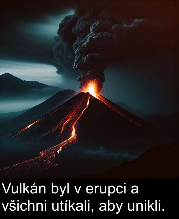 erupci: Vulkán byl v erupci a všichni utíkali, aby unikli.