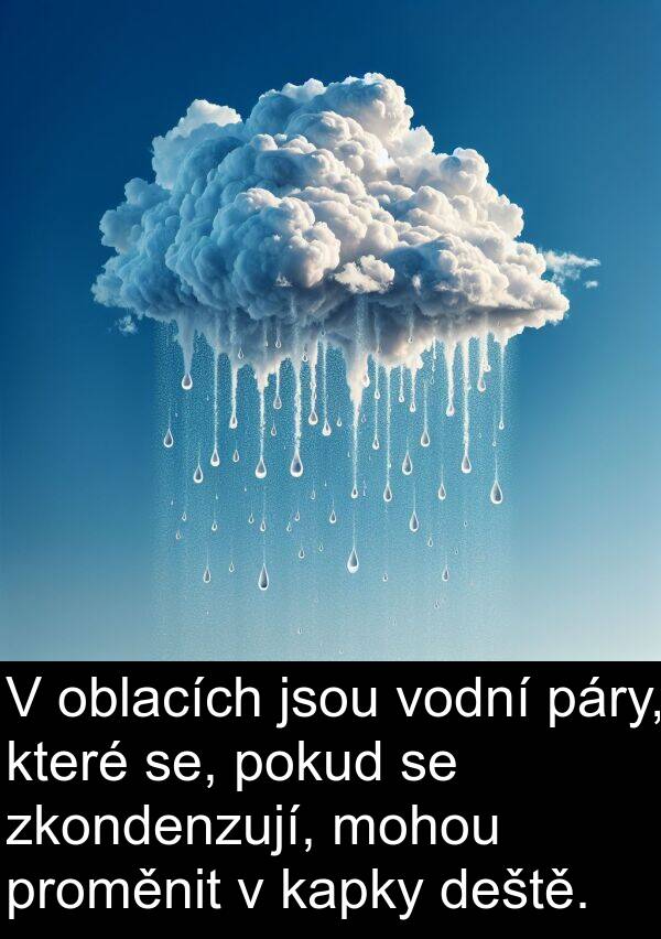 páry: V oblacích jsou vodní páry, které se, pokud se zkondenzují, mohou proměnit v kapky deště.