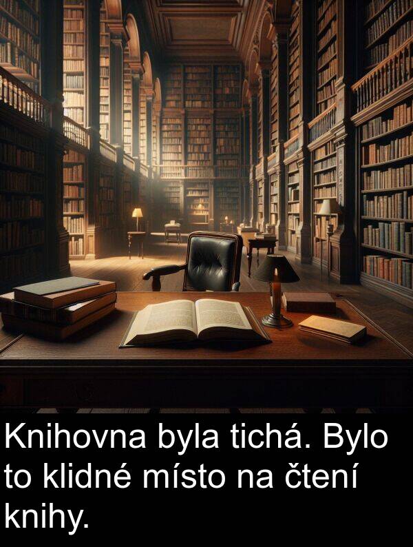 klidné: Knihovna byla tichá. Bylo to klidné místo na čtení knihy.