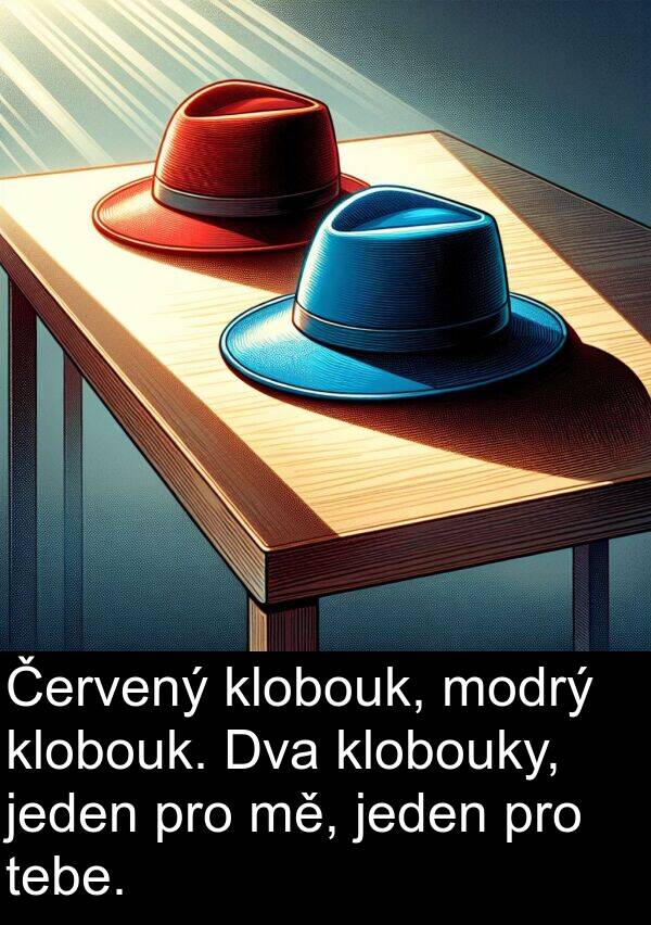 mě: Červený klobouk, modrý klobouk. Dva klobouky, jeden pro mě, jeden pro tebe.