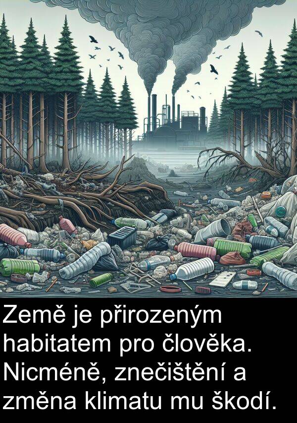 přirozeným: Země je přirozeným habitatem pro člověka. Nicméně, znečištění a změna klimatu mu škodí.