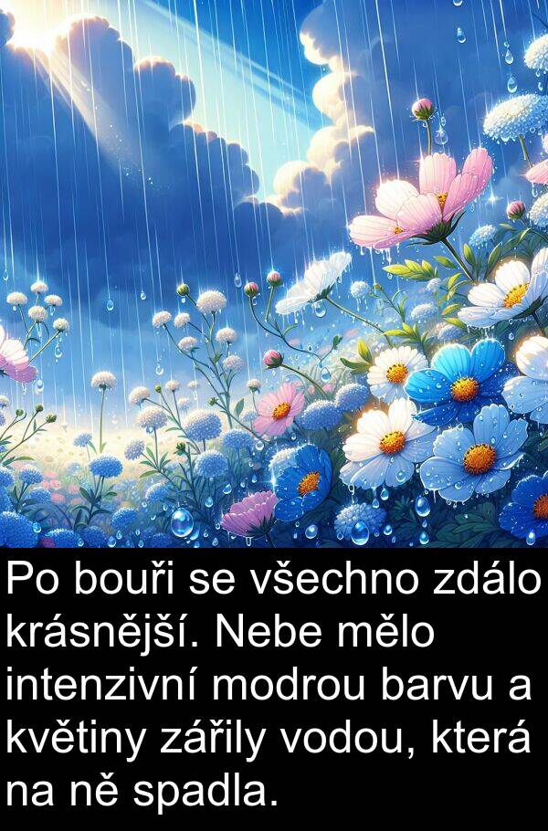 mělo: Po bouři se všechno zdálo krásnější. Nebe mělo intenzivní modrou barvu a květiny zářily vodou, která na ně spadla.