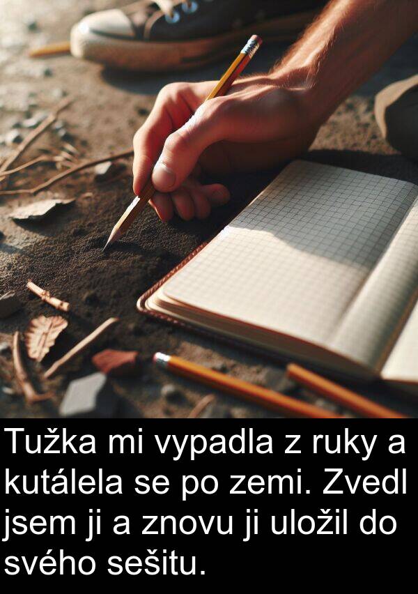 uložil: Tužka mi vypadla z ruky a kutálela se po zemi. Zvedl jsem ji a znovu ji uložil do svého sešitu.