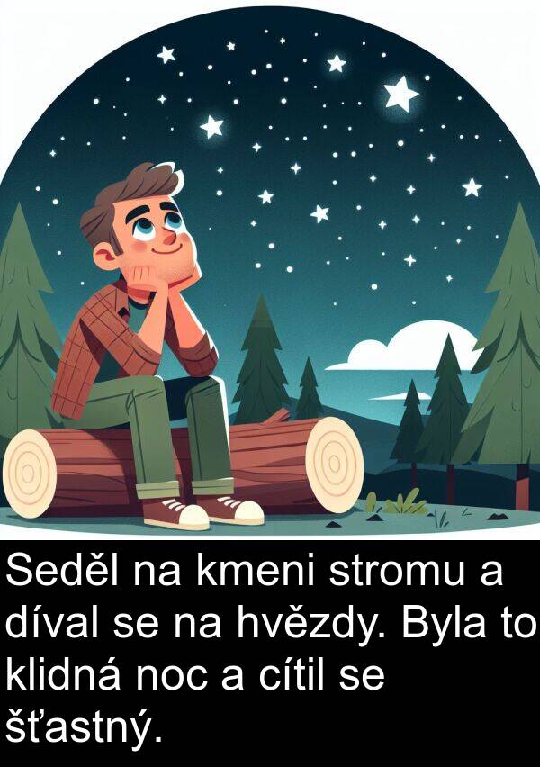 šťastný: Seděl na kmeni stromu a díval se na hvězdy. Byla to klidná noc a cítil se šťastný.