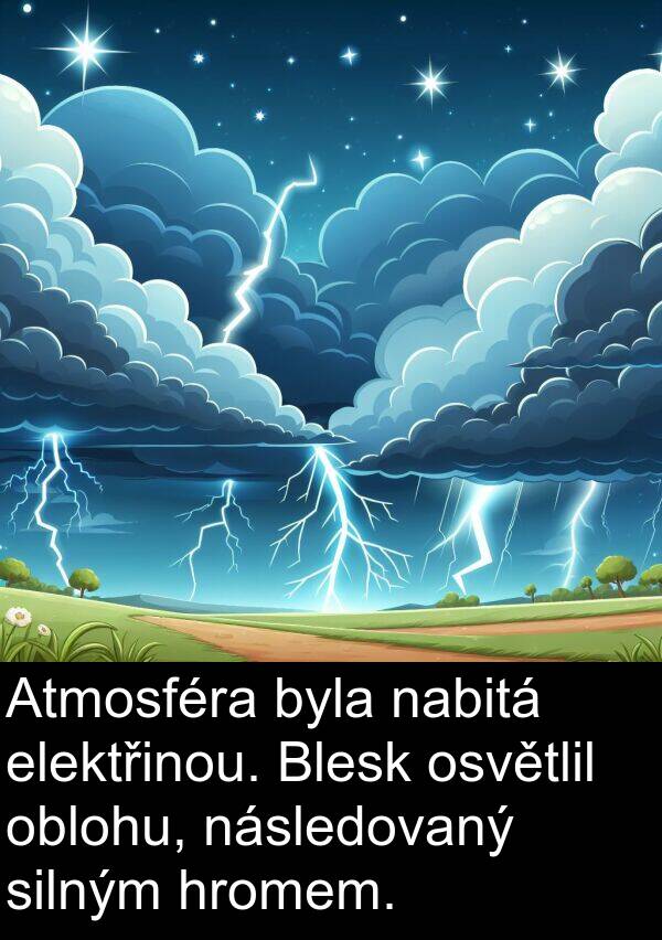 oblohu: Atmosféra byla nabitá elektřinou. Blesk osvětlil oblohu, následovaný silným hromem.