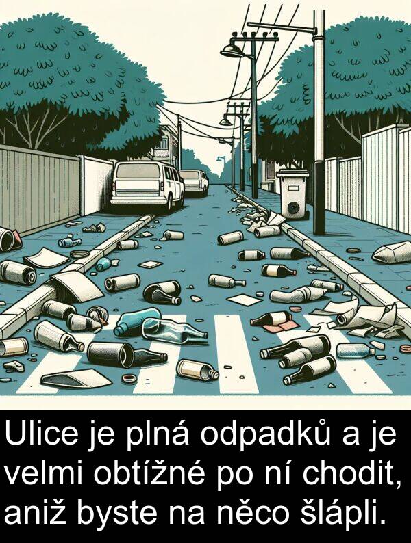 aniž: Ulice je plná odpadků a je velmi obtížné po ní chodit, aniž byste na něco šlápli.