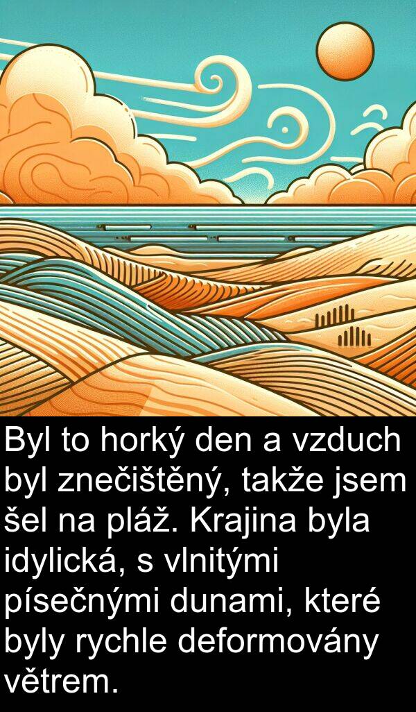 takže: Byl to horký den a vzduch byl znečištěný, takže jsem šel na pláž. Krajina byla idylická, s vlnitými písečnými dunami, které byly rychle deformovány větrem.