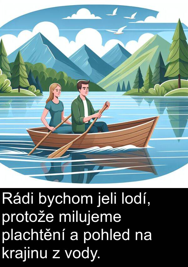 pohled: Rádi bychom jeli lodí, protože milujeme plachtění a pohled na krajinu z vody.