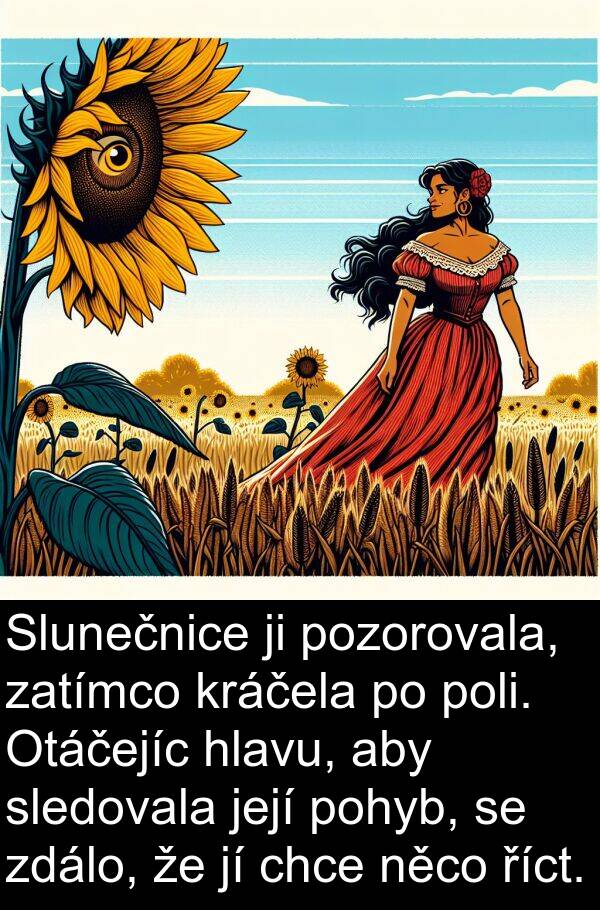 říct: Slunečnice ji pozorovala, zatímco kráčela po poli. Otáčejíc hlavu, aby sledovala její pohyb, se zdálo, že jí chce něco říct.