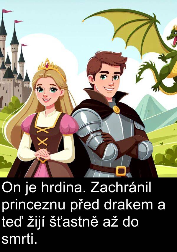 teď: On je hrdina. Zachránil princeznu před drakem a teď žijí šťastně až do smrti.