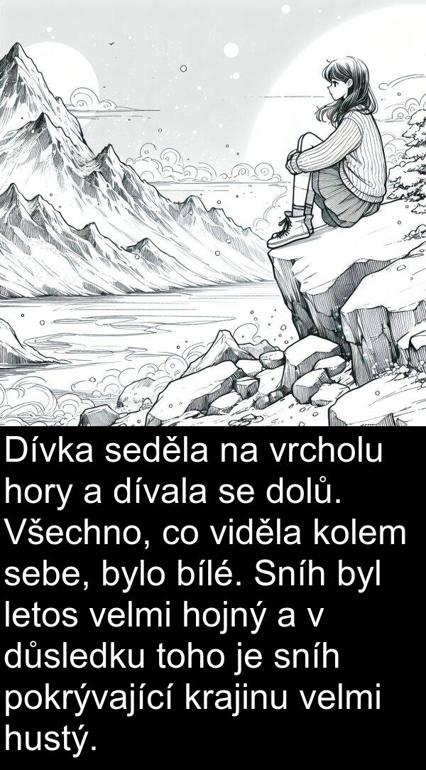 letos: Dívka seděla na vrcholu hory a dívala se dolů. Všechno, co viděla kolem sebe, bylo bílé. Sníh byl letos velmi hojný a v důsledku toho je sníh pokrývající krajinu velmi hustý.