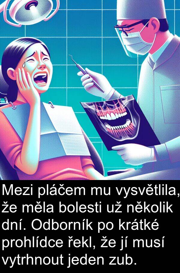 měla: Mezi pláčem mu vysvětlila, že měla bolesti už několik dní. Odborník po krátké prohlídce řekl, že jí musí vytrhnout jeden zub.