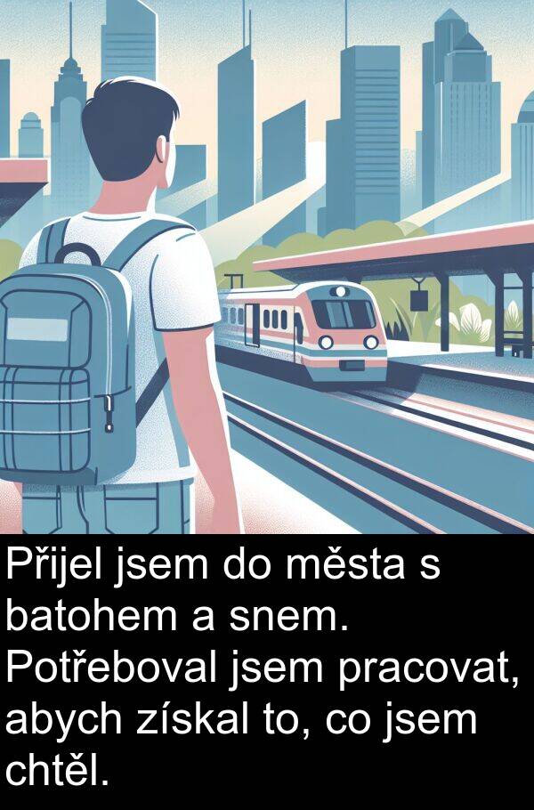 města: Přijel jsem do města s batohem a snem. Potřeboval jsem pracovat, abych získal to, co jsem chtěl.