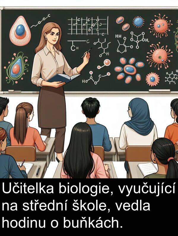 škole: Učitelka biologie, vyučující na střední škole, vedla hodinu o buňkách.