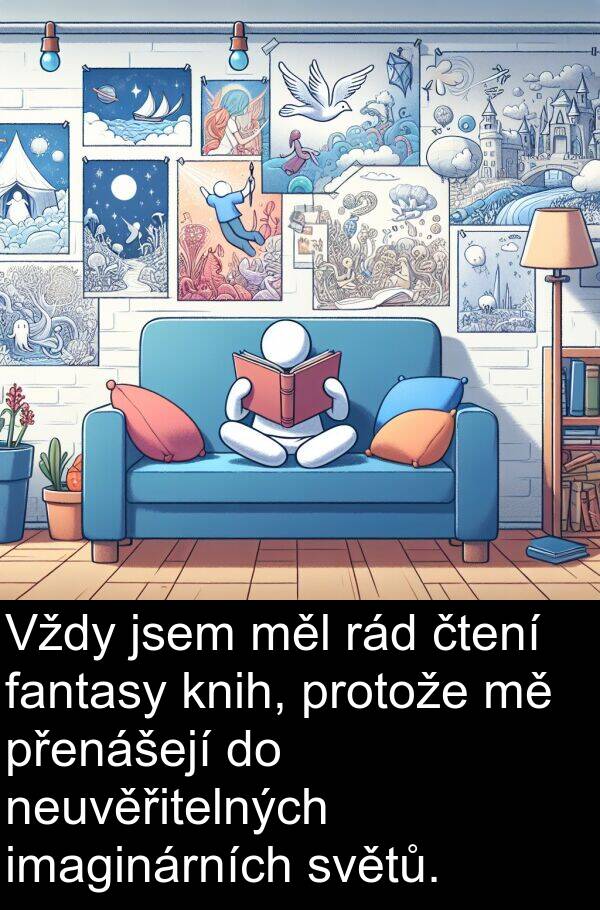 měl: Vždy jsem měl rád čtení fantasy knih, protože mě přenášejí do neuvěřitelných imaginárních světů.