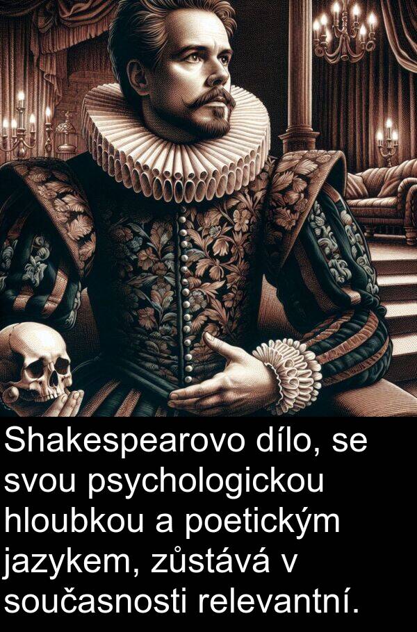 jazykem: Shakespearovo dílo, se svou psychologickou hloubkou a poetickým jazykem, zůstává v současnosti relevantní.