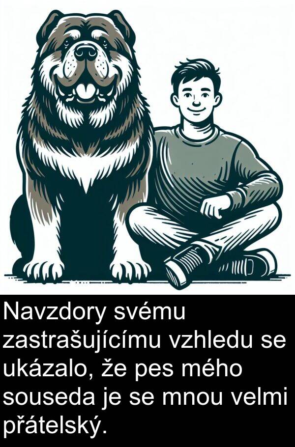 mého: Navzdory svému zastrašujícímu vzhledu se ukázalo, že pes mého souseda je se mnou velmi přátelský.