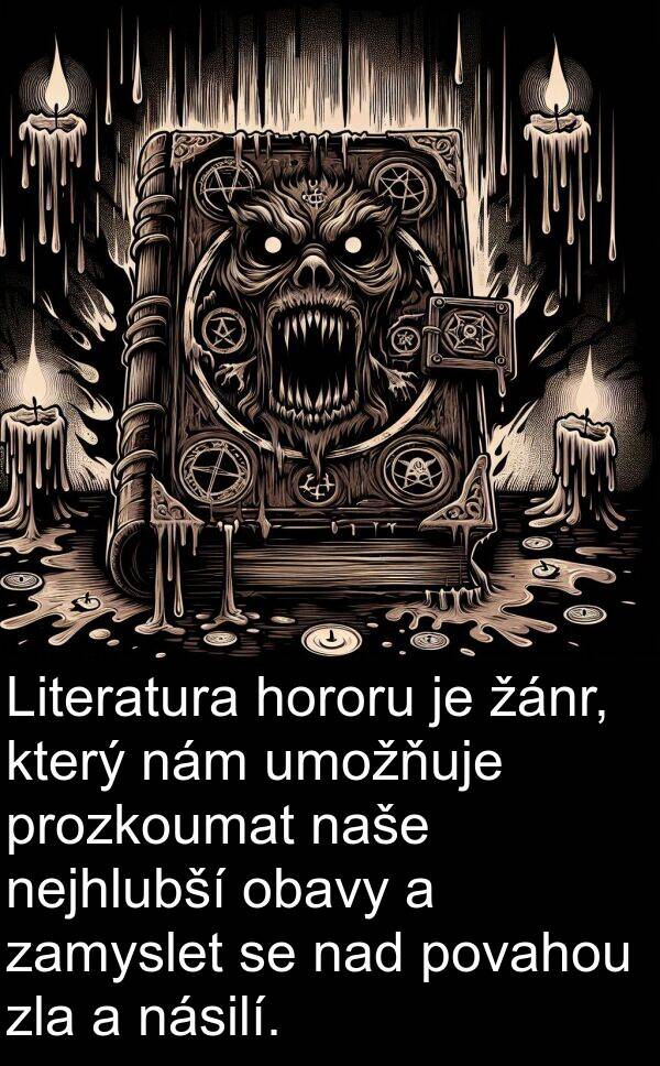 obavy: Literatura hororu je žánr, který nám umožňuje prozkoumat naše nejhlubší obavy a zamyslet se nad povahou zla a násilí.