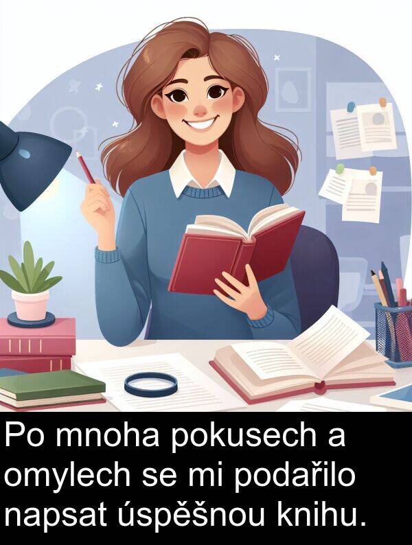 pokusech: Po mnoha pokusech a omylech se mi podařilo napsat úspěšnou knihu.