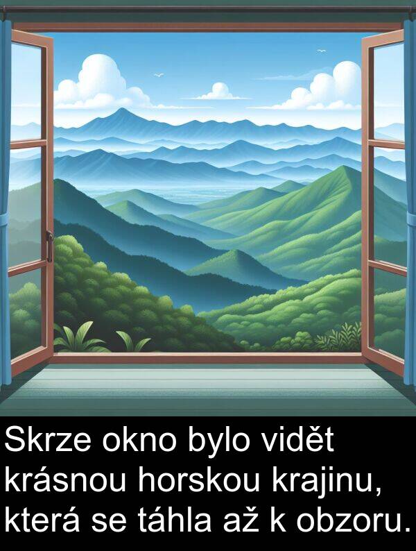táhla: Skrze okno bylo vidět krásnou horskou krajinu, která se táhla až k obzoru.