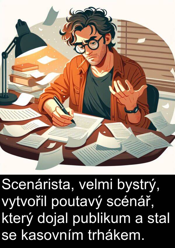 bystrý: Scenárista, velmi bystrý, vytvořil poutavý scénář, který dojal publikum a stal se kasovním trhákem.