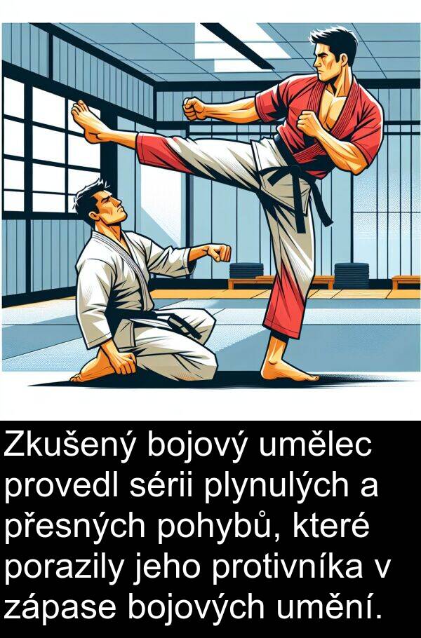 umělec: Zkušený bojový umělec provedl sérii plynulých a přesných pohybů, které porazily jeho protivníka v zápase bojových umění.