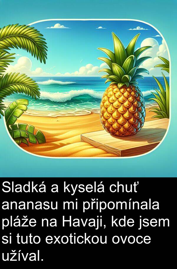 tuto: Sladká a kyselá chuť ananasu mi připomínala pláže na Havaji, kde jsem si tuto exotickou ovoce užíval.