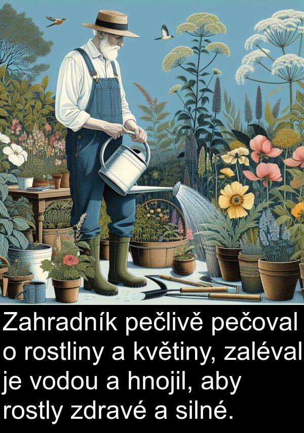 pečlivě: Zahradník pečlivě pečoval o rostliny a květiny, zaléval je vodou a hnojil, aby rostly zdravé a silné.