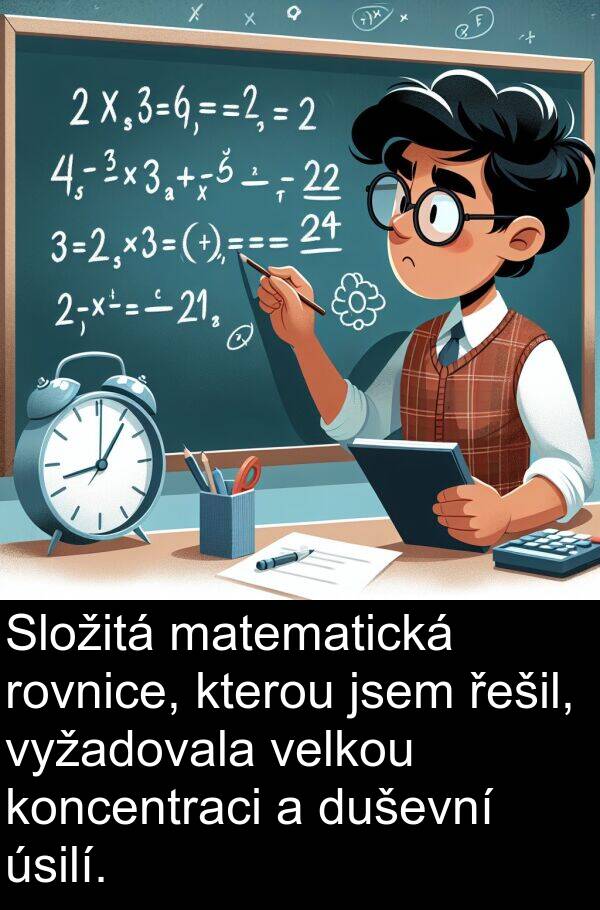 řešil: Složitá matematická rovnice, kterou jsem řešil, vyžadovala velkou koncentraci a duševní úsilí.