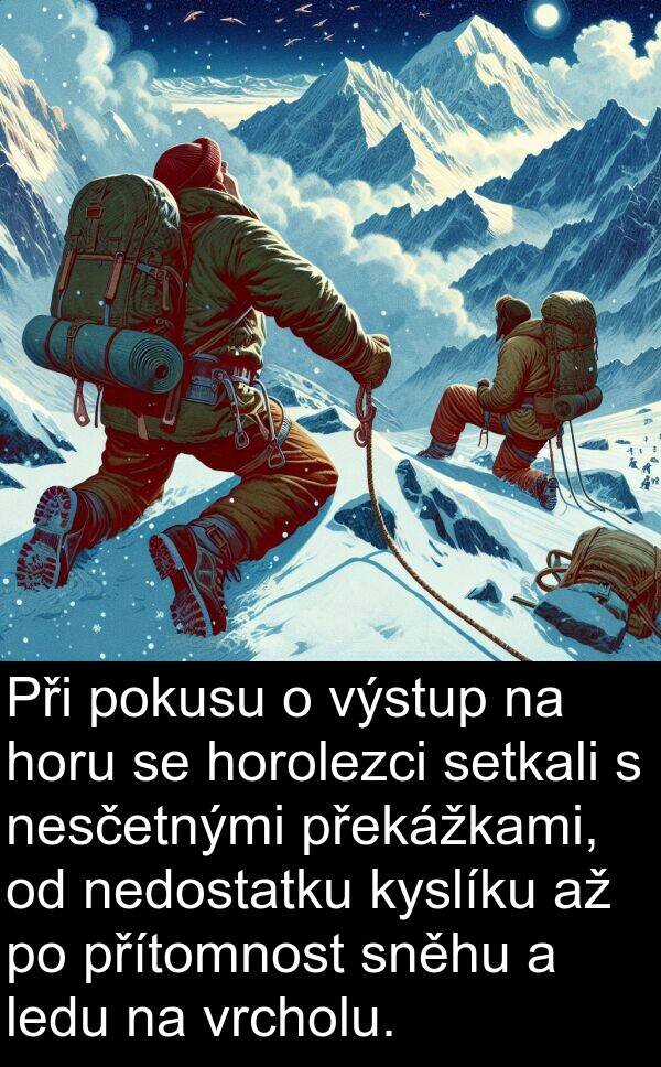 ledu: Při pokusu o výstup na horu se horolezci setkali s nesčetnými překážkami, od nedostatku kyslíku až po přítomnost sněhu a ledu na vrcholu.