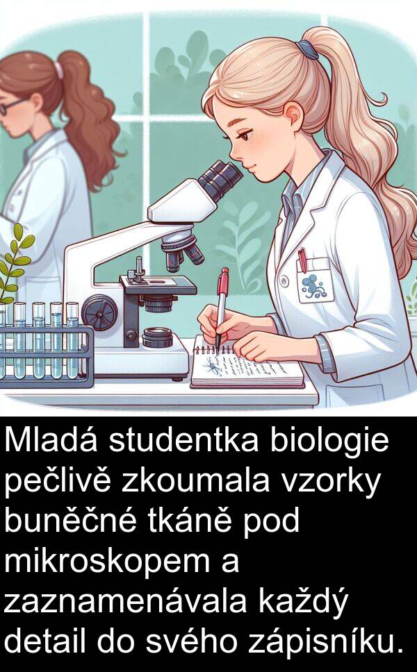 pečlivě: Mladá studentka biologie pečlivě zkoumala vzorky buněčné tkáně pod mikroskopem a zaznamenávala každý detail do svého zápisníku.