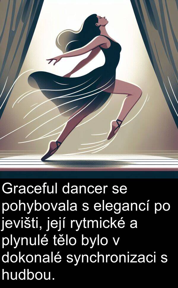 tělo: Graceful dancer se pohybovala s elegancí po jevišti, její rytmické a plynulé tělo bylo v dokonalé synchronizaci s hudbou.