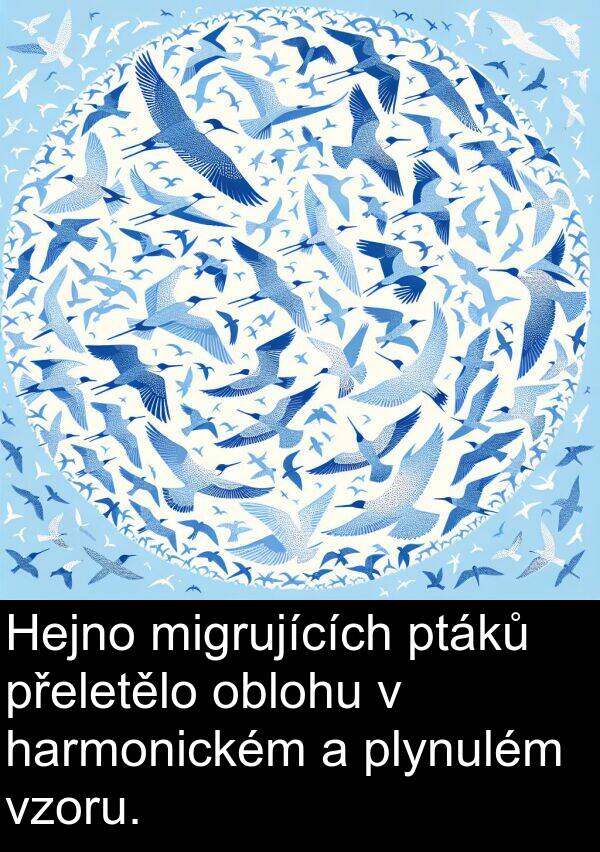 oblohu: Hejno migrujících ptáků přeletělo oblohu v harmonickém a plynulém vzoru.