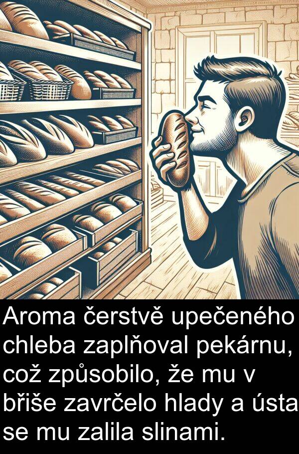 hlady: Aroma čerstvě upečeného chleba zaplňoval pekárnu, což způsobilo, že mu v břiše zavrčelo hlady a ústa se mu zalila slinami.