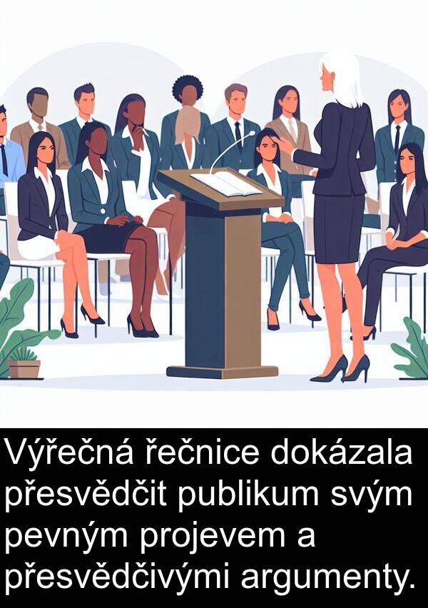 argumenty: Výřečná řečnice dokázala přesvědčit publikum svým pevným projevem a přesvědčivými argumenty.