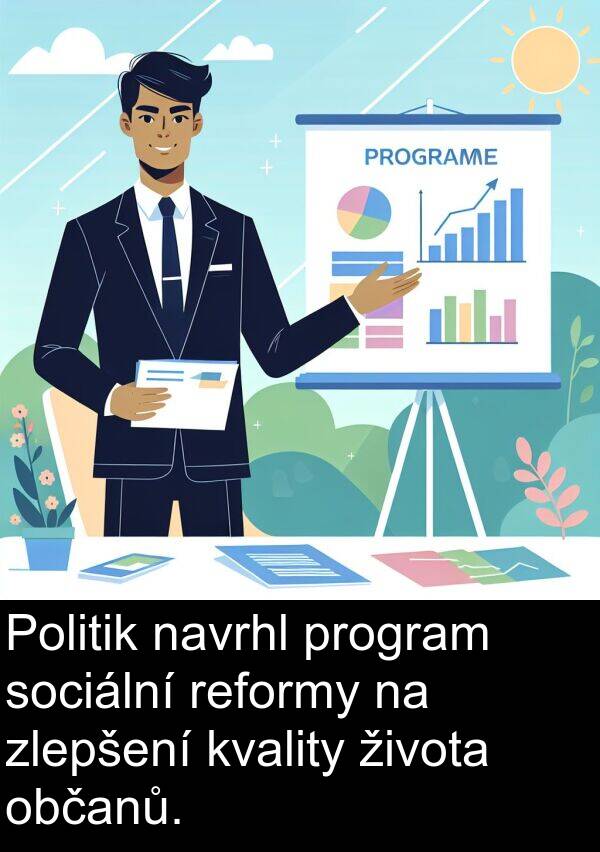 občanů: Politik navrhl program sociální reformy na zlepšení kvality života občanů.