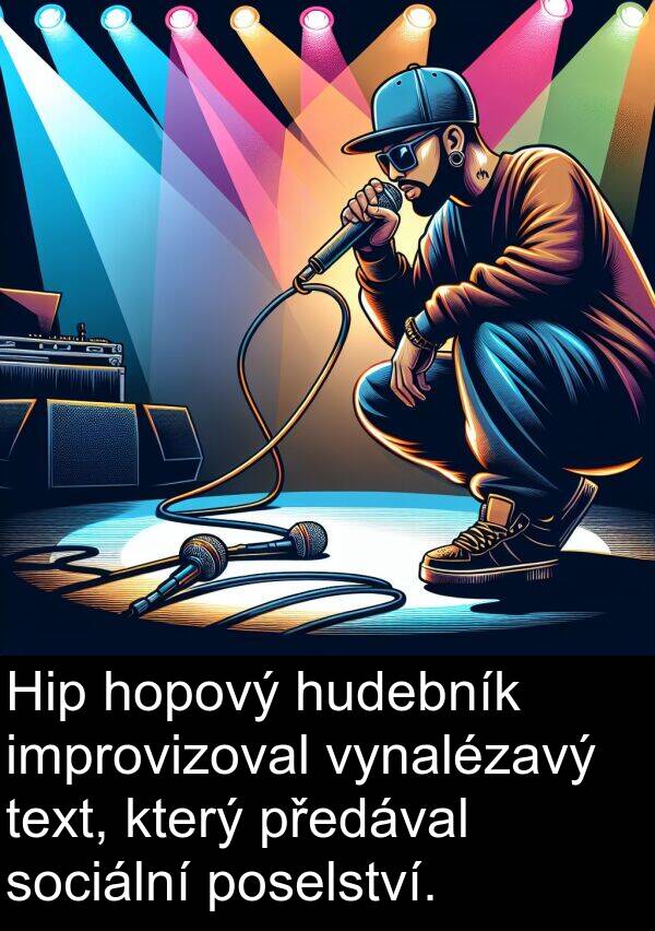 text: Hip hopový hudebník improvizoval vynalézavý text, který předával sociální poselství.