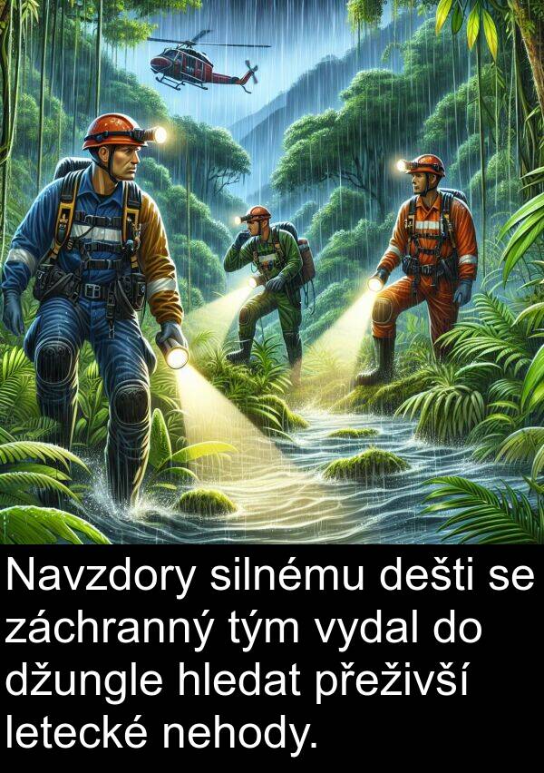 letecké: Navzdory silnému dešti se záchranný tým vydal do džungle hledat přeživší letecké nehody.